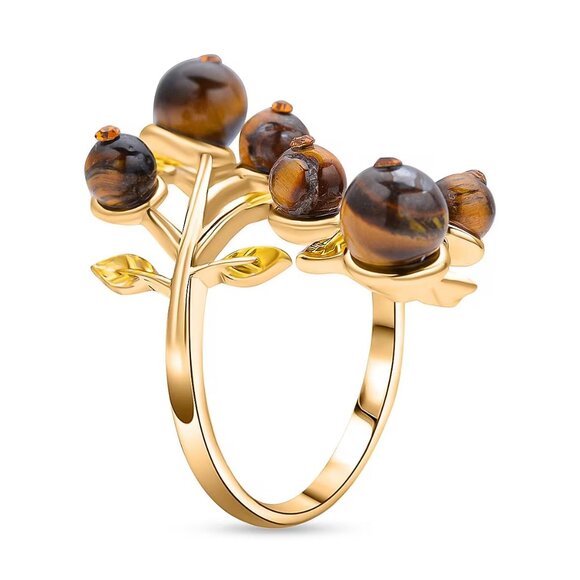 NEW Tiger's Eye and Champagne Austrian Crystal Leafy Vine Ring in Goldtone - Picture 2 of 3